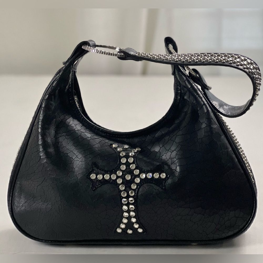 Raviani Black Leather Swarovski Crystal & Rivets Shoulder Bag